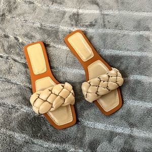 depdream Open Square Toe Flat Slides Braided Sandals Slip On Mule Slipper